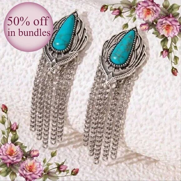 Bohemian Style Alloy Black Enamel & Green Turquoise Inlay Chain Tassel Earrings - Picture 1 of 13